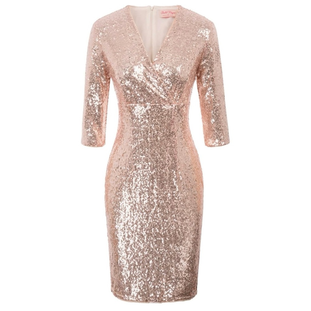 Sequin V-Neck 3/4 Sleeve Sheath Dress - Rose Gold